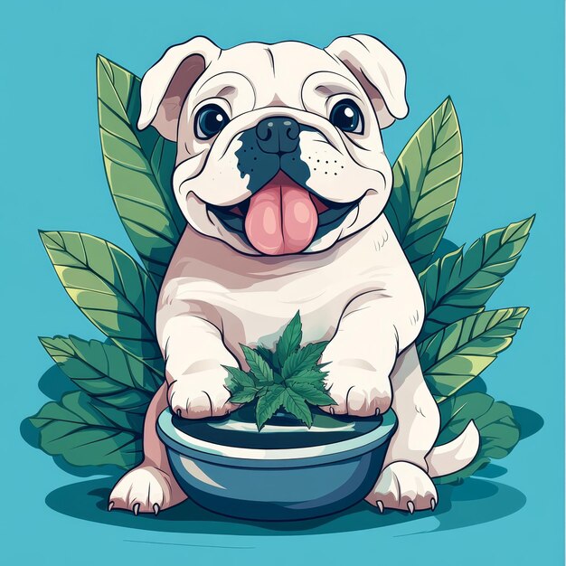 Photo a drawing of a dog with a bowl of water and leaves