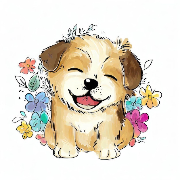 A drawing of a dog with a flower