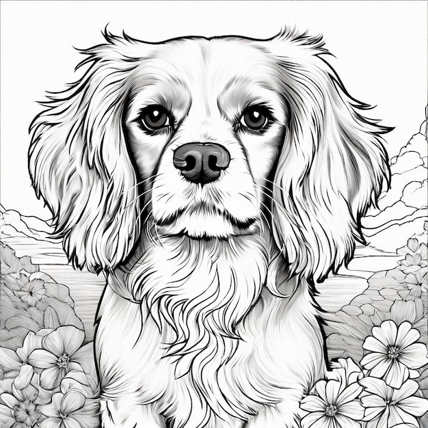 Photo a drawing of a dog with flowers in the background