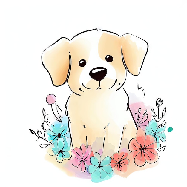 A drawing of a dog with flowers in the middle