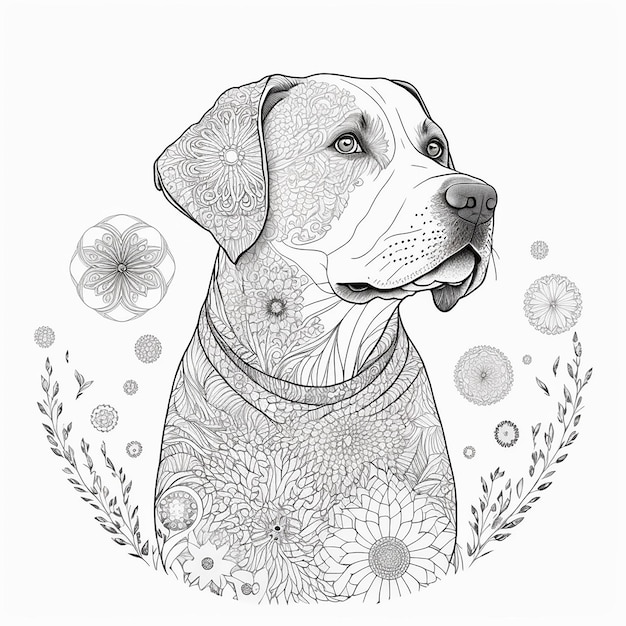 A drawing of a dog with flowers and the name labrador on it.