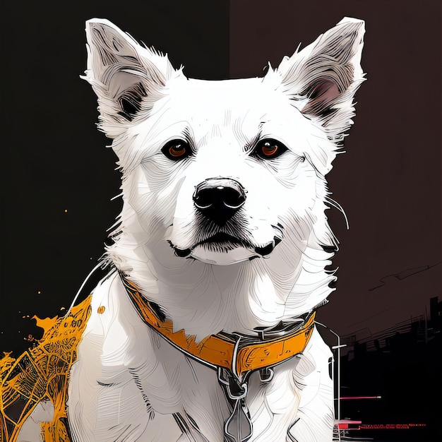 A drawing of a dog with a yellow collar and a yellow collar.