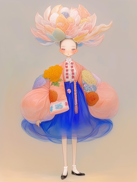 a drawing of a doll with a flower in the middle of it