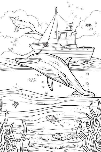 Photo a drawing of a dolphin and a boat with the words dolphin and fish