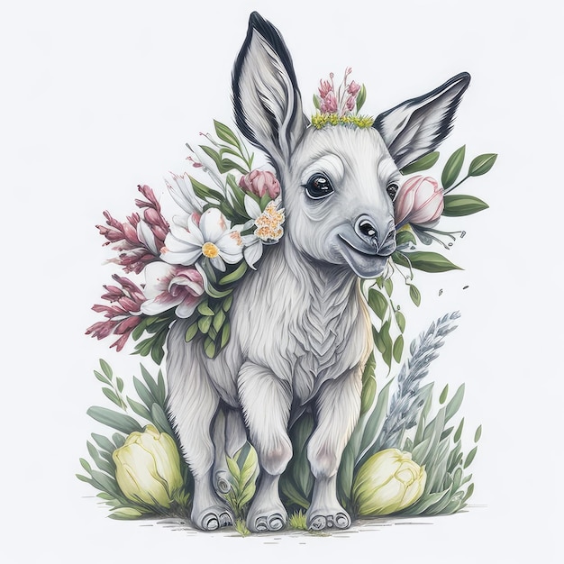 A drawing of a donkey with flowers on it