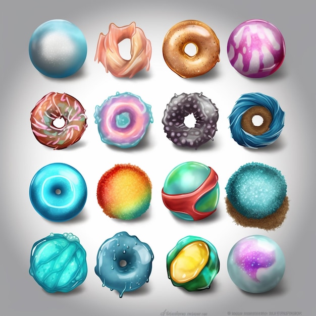 A drawing of a donut with different colors and the word donuts on it.