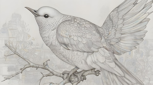 a drawing of a dove with a tree branch in the background