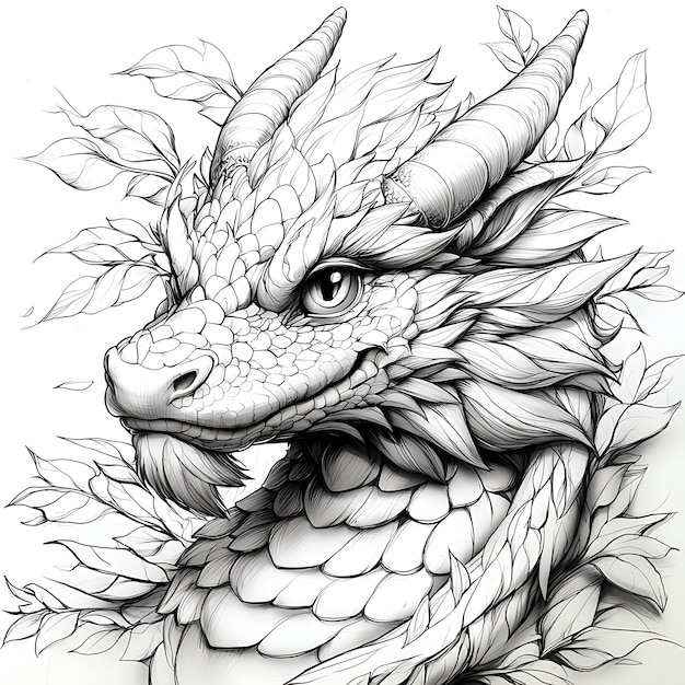 Photo a drawing of a dragon head with leaves on it