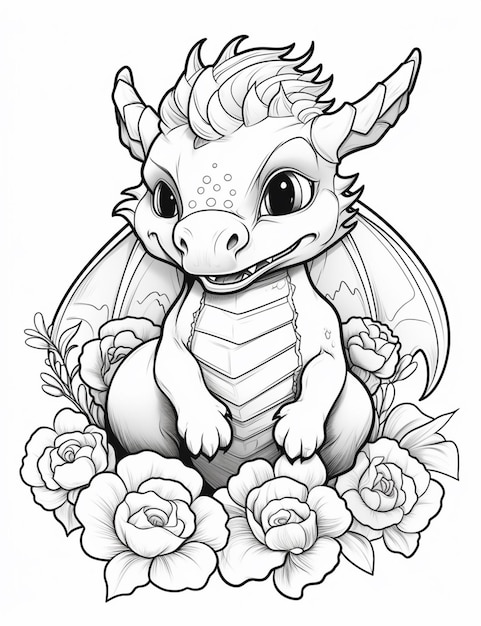 a drawing of a dragon sitting on a flower with roses generative ai