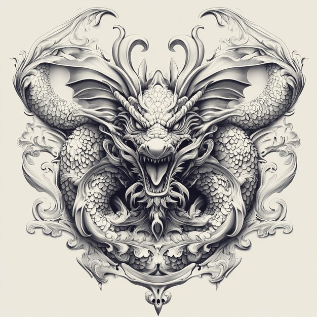 a drawing of a dragon with a dragon head on it