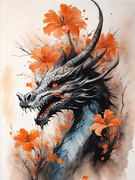 Photo a drawing of a dragon with orange flowers in the background