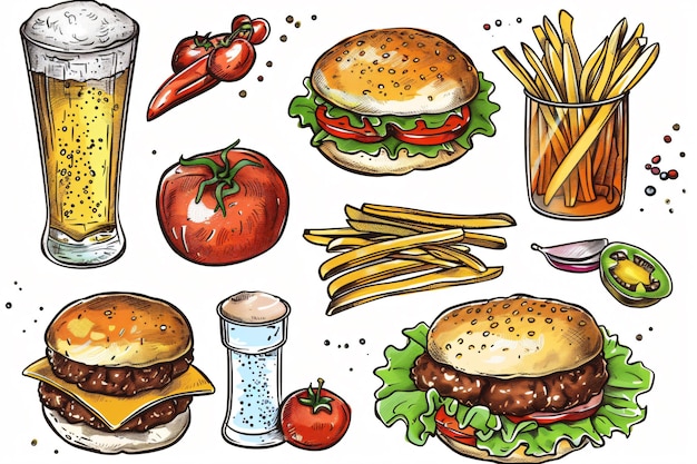 a drawing of a drawing of food including a burger and fries