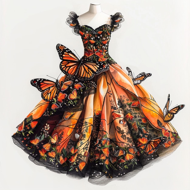 Photo a drawing of a dress with butterflies on it