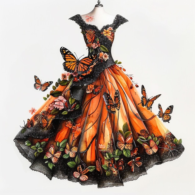 a drawing of a dress with butterflies on it