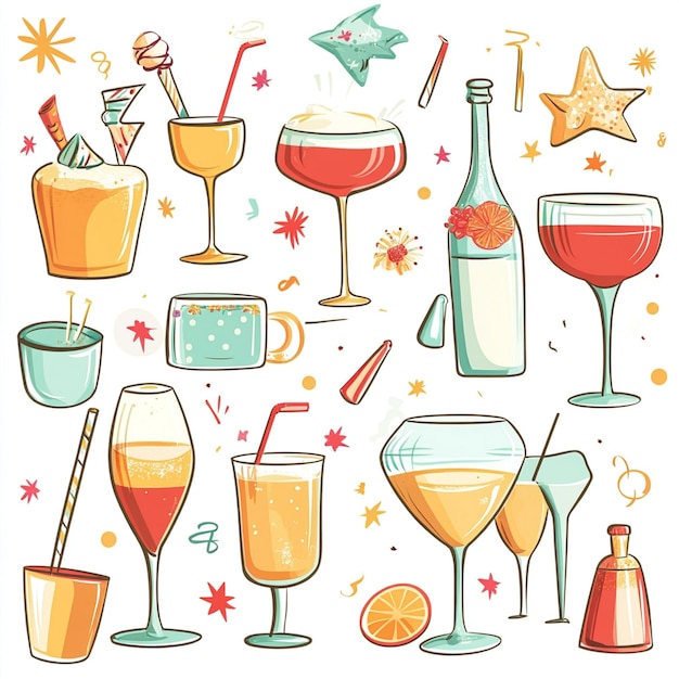 Photo a drawing of drinks including a bottle of wine a starfish and a star