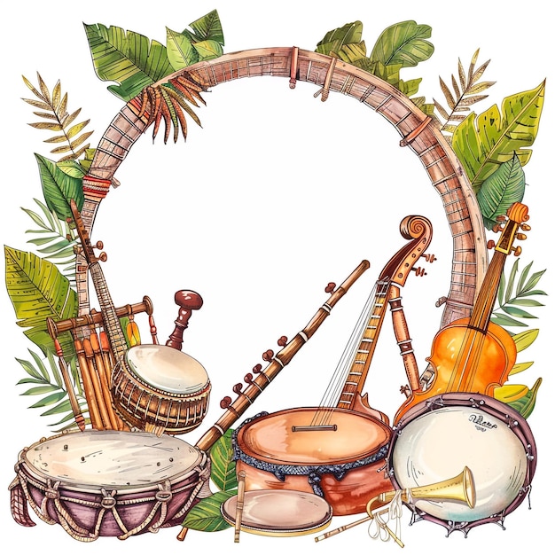 a drawing of a drum set with a picture of a band and a circle of palm leaves