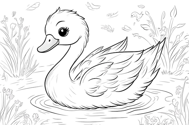 a drawing of a duck in the water with leaves and leaves