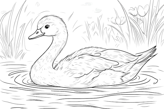 a drawing of a duck in the water with long grass in the background