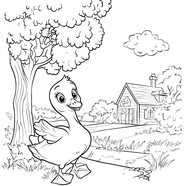 a drawing of a duck with a house in the background