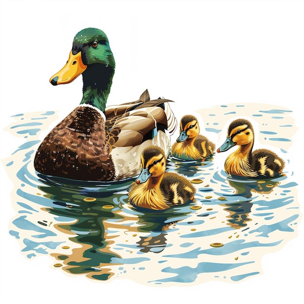 a drawing of a duck with three ducklings in the water