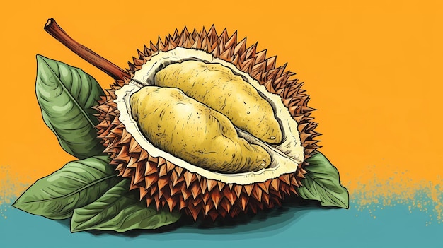 A drawing of a durian fruit on a blue background.