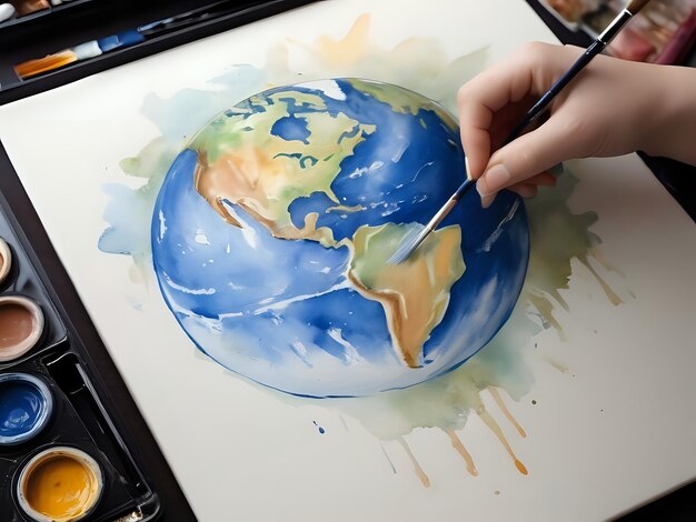 Photo drawing earth with watercolor paint