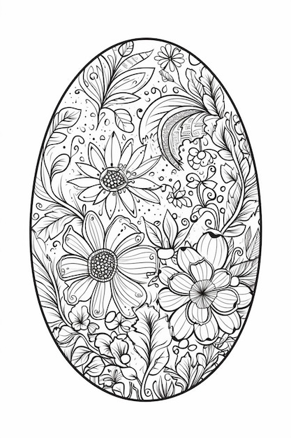 a drawing of a egg with flowers and a black and white background