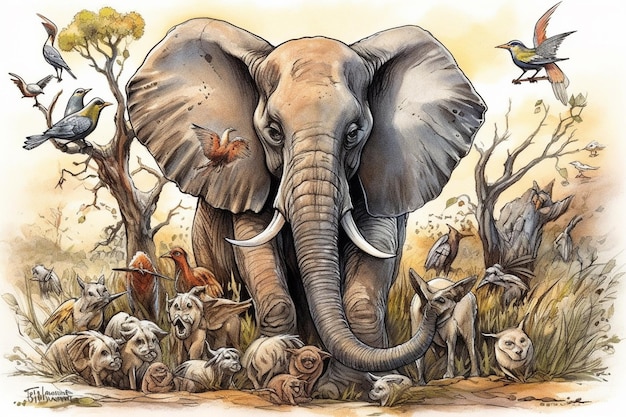 A drawing of an elephant with a bunch of birds on it