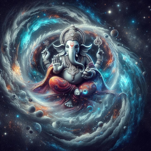 a drawing of an elephant with a large statue in the middle of the night sky