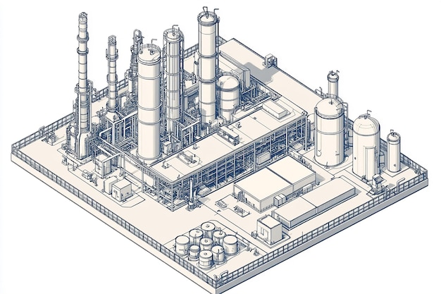 Photo a drawing of a factory with a blue line on the top