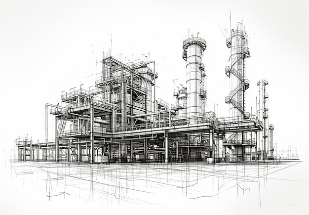 A drawing of a factory with pipes and pipes