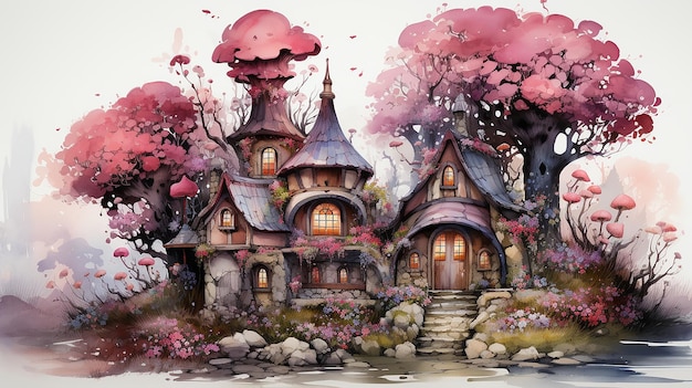 a drawing of a fairy house with a pink roof and a pink cloud