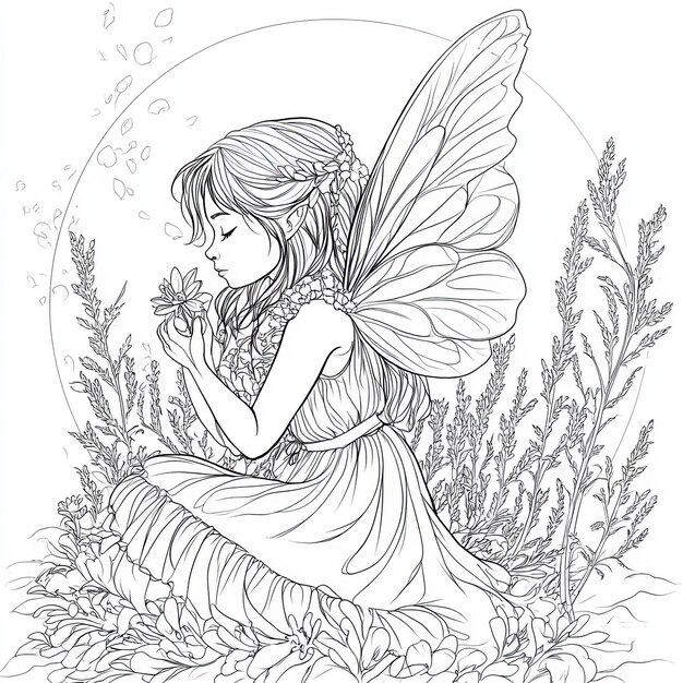 Photo a drawing of a fairy with a flower in the background