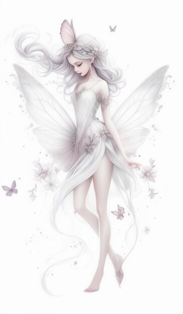 a drawing of a fairy with wings and butterflies