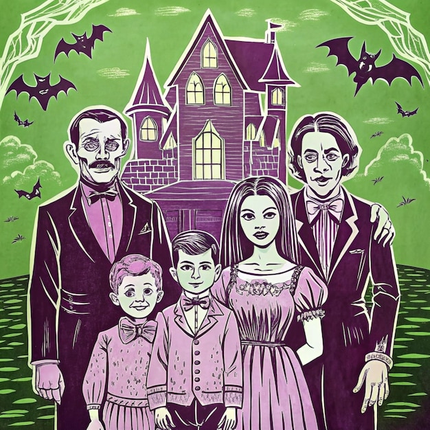 a drawing of a family in front of a house with bats on it