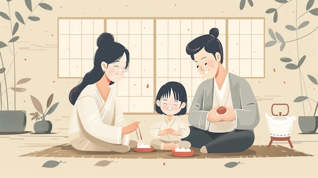 a drawing of a family having a meal in a japanese restaurant