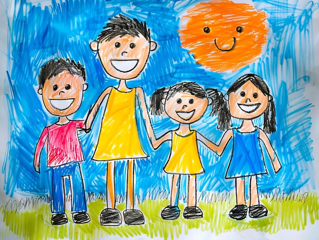 A drawing of a family holding hands in front of a sun