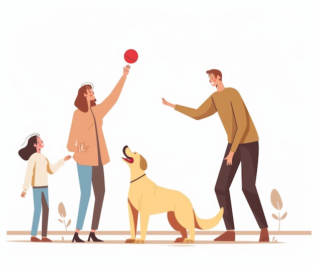 Photo a drawing of a family playing with a dog and a woman holding a ball