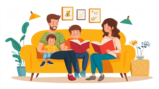 Photo a drawing of a family reading a book on a couch