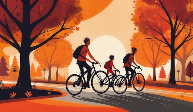 a drawing of a family riding their bikes in a park