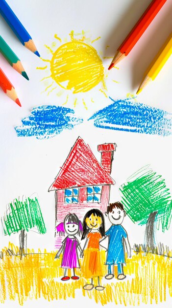 A drawing of a family standing in front of a house