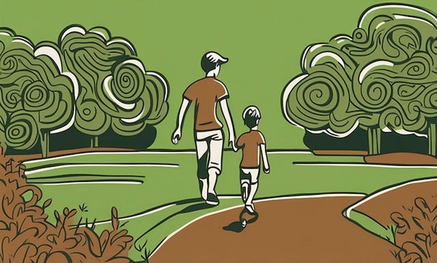 a drawing of a family walking in a park with a tree in the background