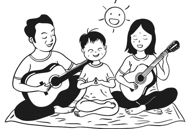 a drawing of a family with a child playing instruments