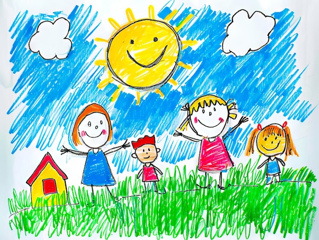 A drawing of a family with a sun and house