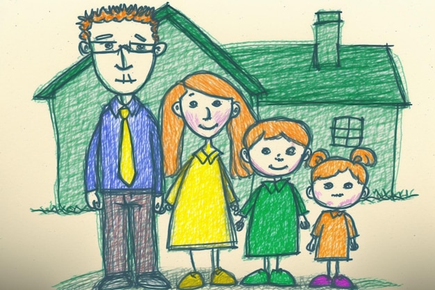 A drawing of a family with two children and a green house in the background.