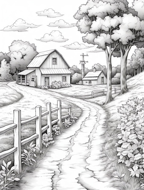 a drawing of a farm house in a country setting