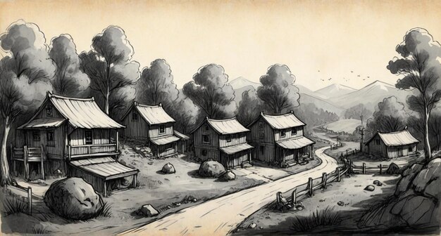 a drawing of a farm house with a mountain in the background