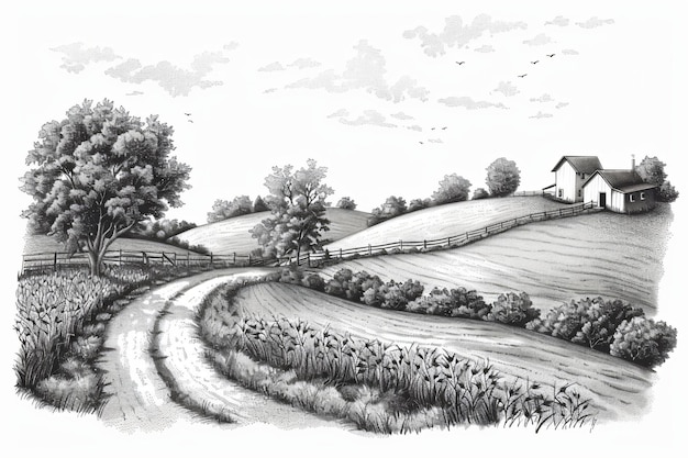 a drawing of a farm with a barn and a farm house in the background