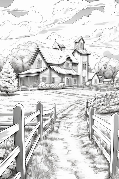 A drawing of a farm with a fence and a house generative ai