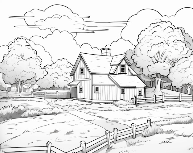 a drawing of a farm with a fence and a house generative ai